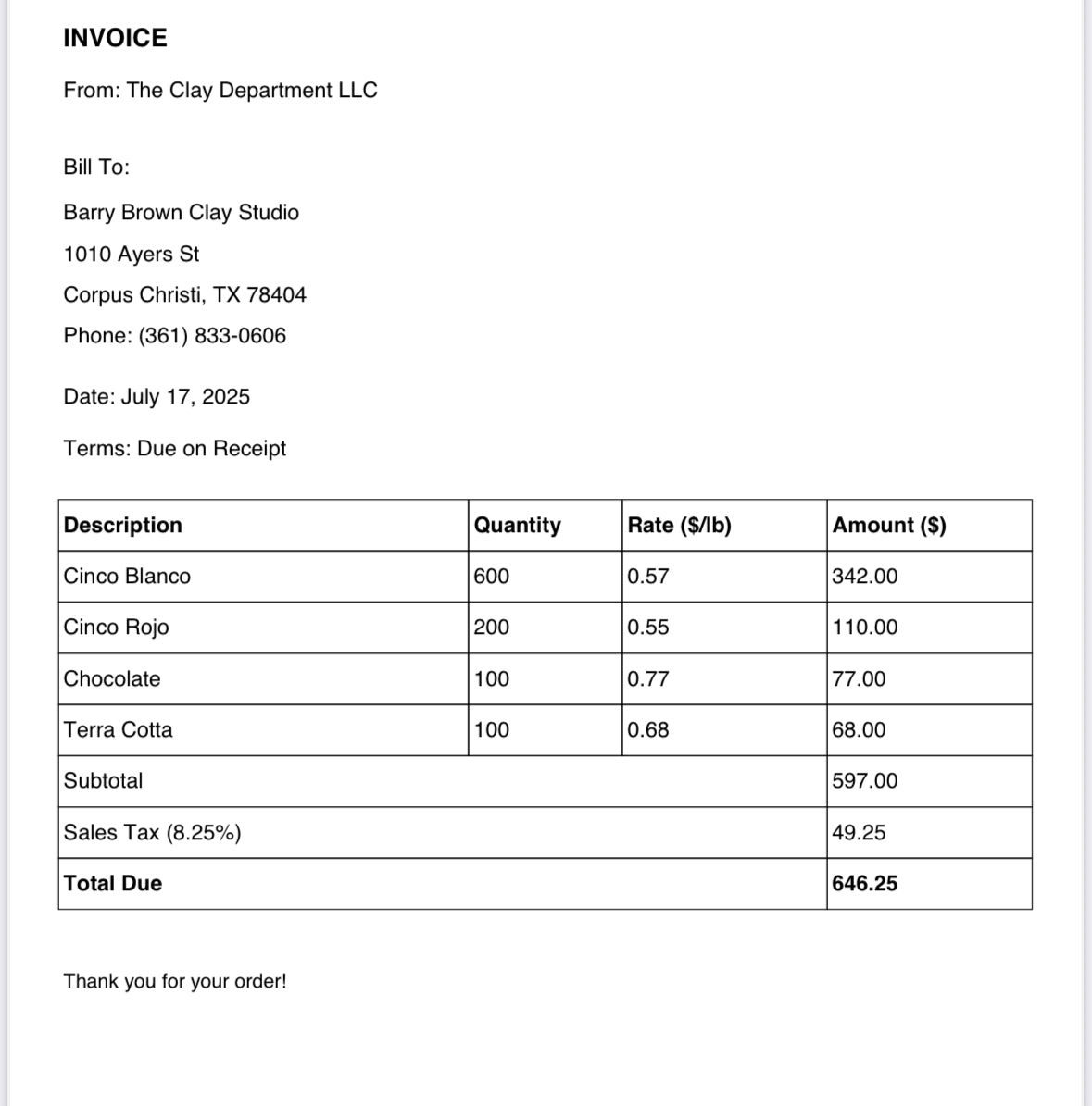 Barry Brown July Order