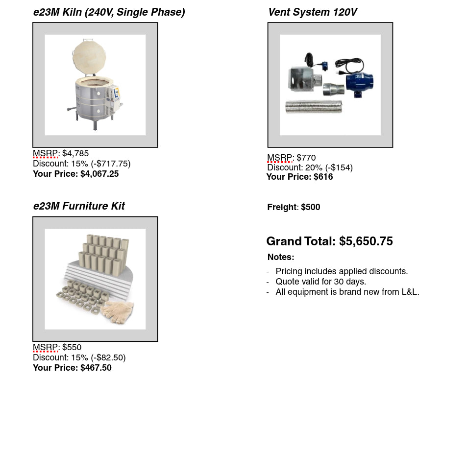 Teresa Warman Kiln Order (e23M kiln with vent, & furniture)