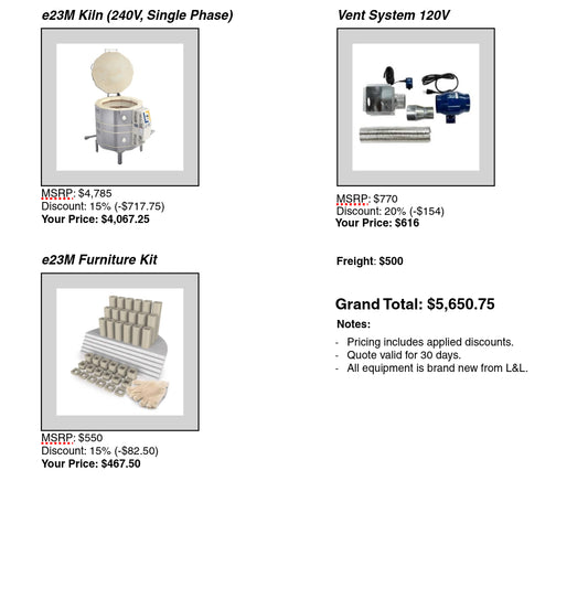 Teresa Warman Kiln Order (e23M kiln with vent, & furniture)