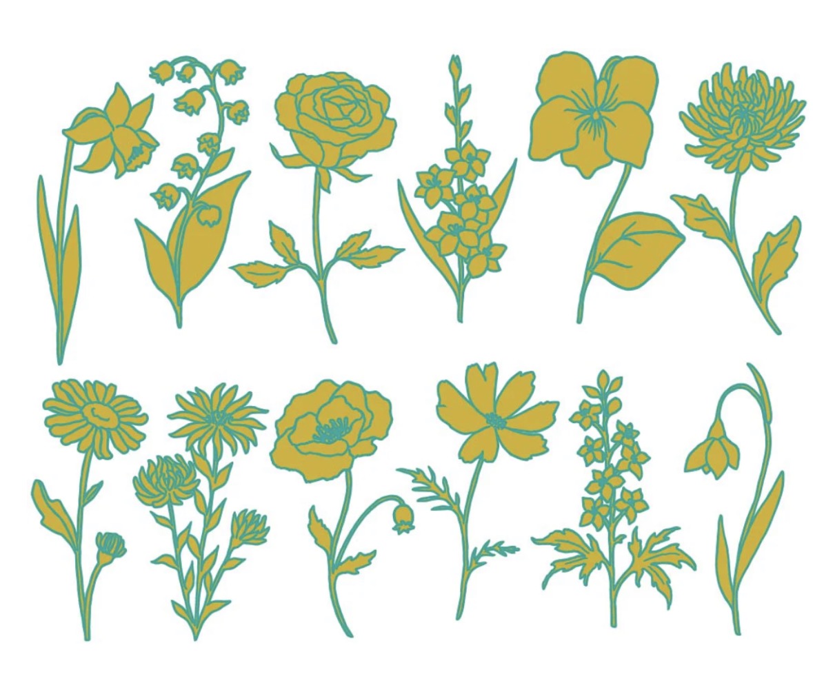 Two-Color Garden Flowers Decals - Cone 017 - Gold/Green