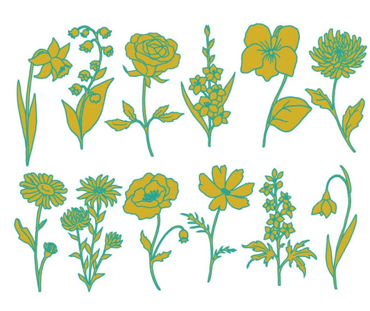 Two-Color Garden Flowers Decals - Cone 017 - Gold/Green