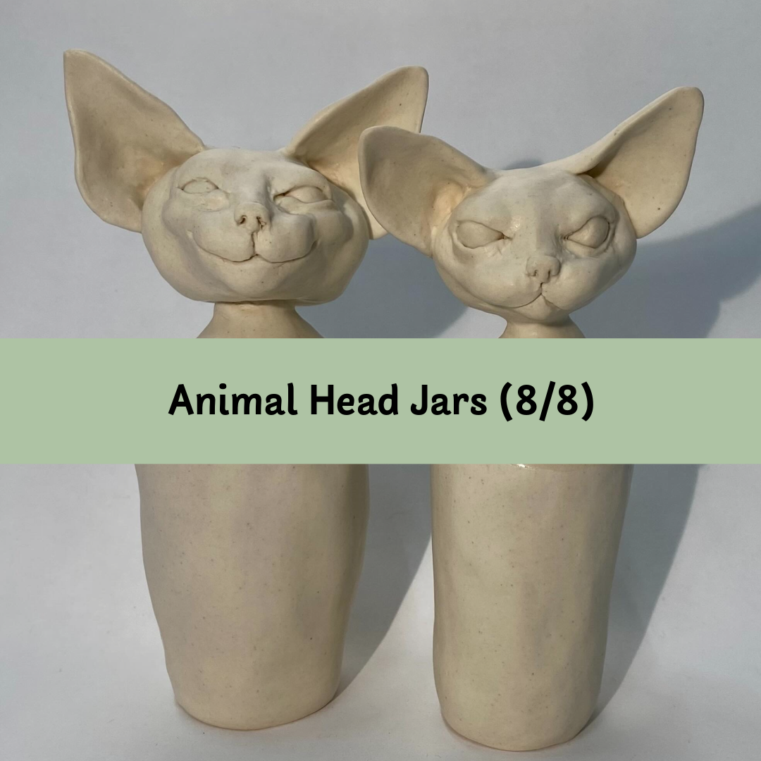 Hilary Rochow teaching an animal head jar handbuilding pottery workshop at The Clay Department in San Antonio, Texas.
